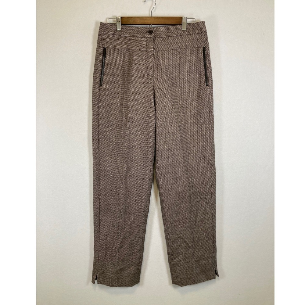 Dark Academia Harve Benard Sport‎ Women 12 Wool Herringbone Leather Trim Pant